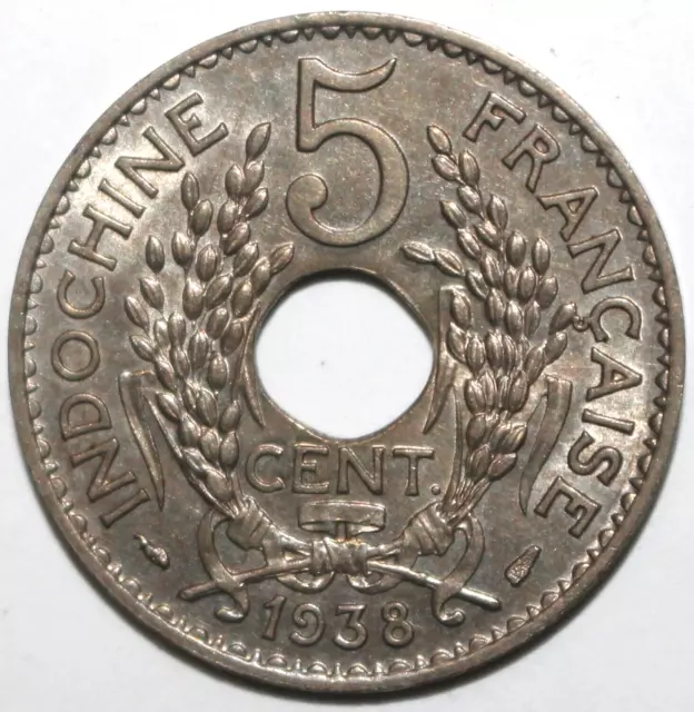 French Indochina 5 Centimes Coin 1938 KM# 18.1a Nickel Vietnam Five Cents