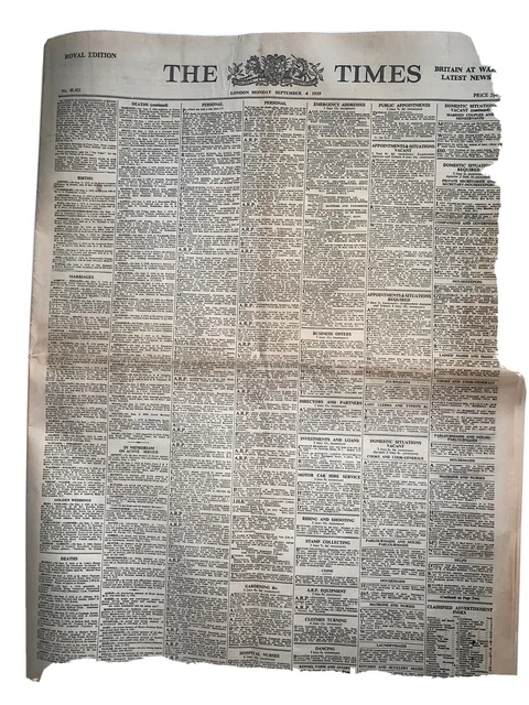THE TIMES NEWSPAPER MONDAY SEPTEMBER 4th 1939-LATEST WAR NEWS ROYAL EDITION