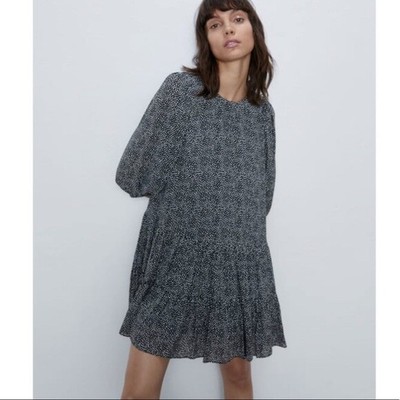 Zara The Helene Micro Dot Ruffled Dress In Black/White Size M