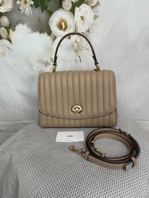 COACH TILLY TOP Handle With Linear Quilting Taupe Nappa Leather