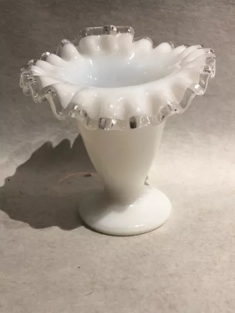 Vintage Fenton Silver Crest Small 4.5" Mini Vase Milk Glass Ruffle Clear Edge