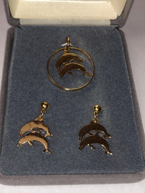 Double Dolphin Sealife Ocean Pendant & Earrings From World Coins 24 Kt Gold Pl.