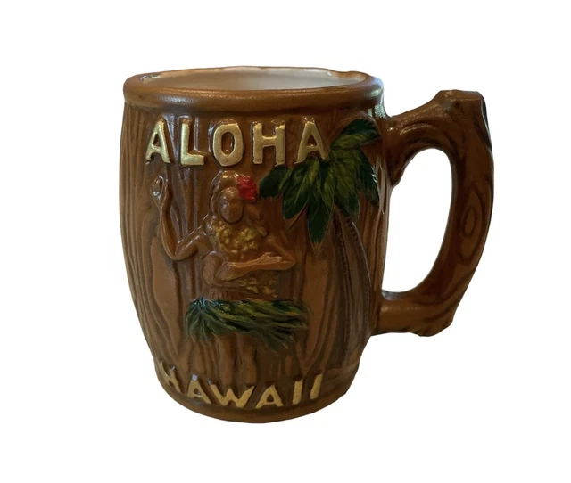 Vintage 1960s Aloha Hawaii Hula Girl Tiki Mug Brown Wood Grain Coffee Cup 4" U18