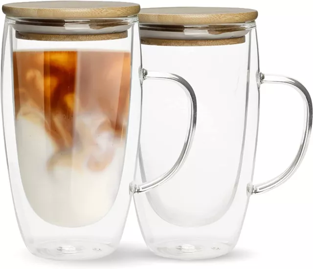 Glass Coffee Mug with Bamboo Lid and Double Walled Glass 16 oz - Set of 2