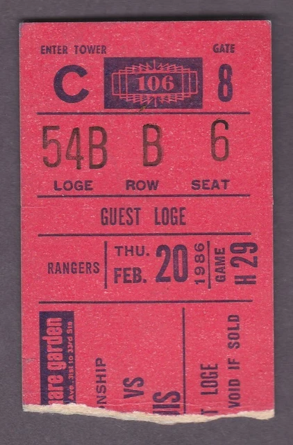 Feb. 20, 1986 New York Rangers vs. St. Louis Blues Ticket Stub