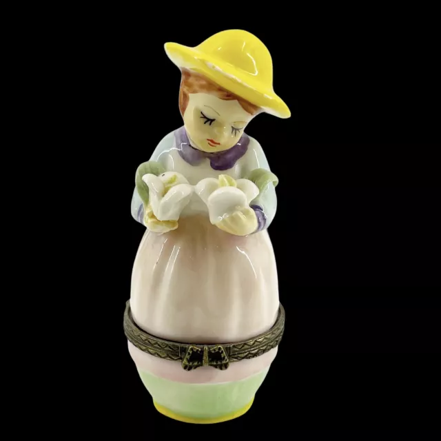 Vintage Little Girl yellow Hat Holding flowers Hinged Trinket Box Porcelain 4"