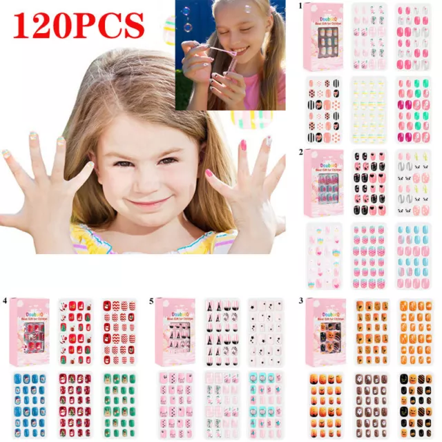 120Pcs/Box Girls Stick On False Fake Nails Kids Childrens Press On Pre Glued