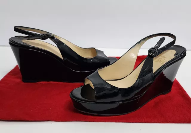 Christian Louboutin Open Toe Wedge Sandals Black Patent Leather Womens 38 / 8 us