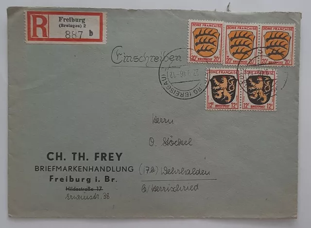 1946 R-BRIEF FRANZ. ZONE Paar MiF, Freiburg nach Herrischried