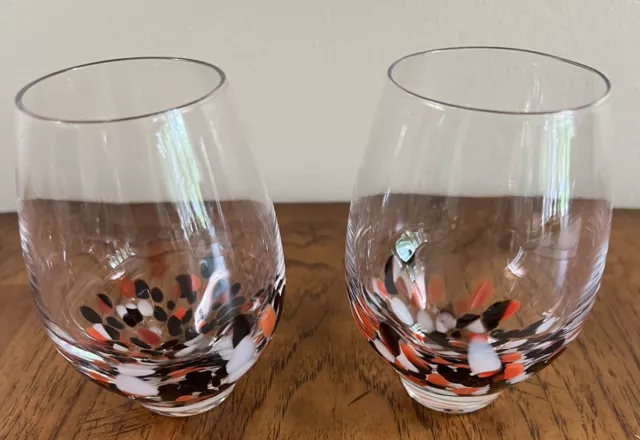 Hand Blown Art Glass Confetti Stemless Wine Glasses Hand Made Black Orange White