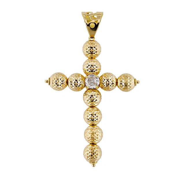 Pendentif Croix Boules 6 Mm En Or Jaune 18 Carats Diamanté - Neuf Et Original Fichera Preziosi - Pour Baptême
