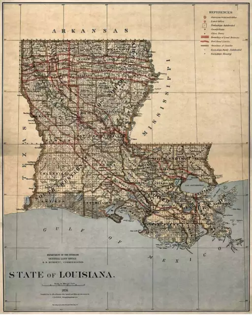 United States MAP of LOUISIANA New Orleans circa 1876 Vintage Repro USA 24"x30"