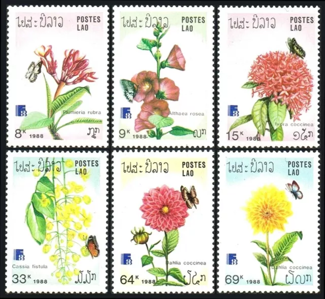 Laos N° 859/864 ** Flowers Butterflies,1988 Sc# 870-875 Flowers,Butterflies MNH