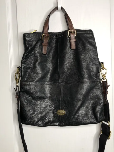 FOSSIL EXPLORER Fold Over BLACK Leather Crossbody Messenger Shoulder Bag Tote