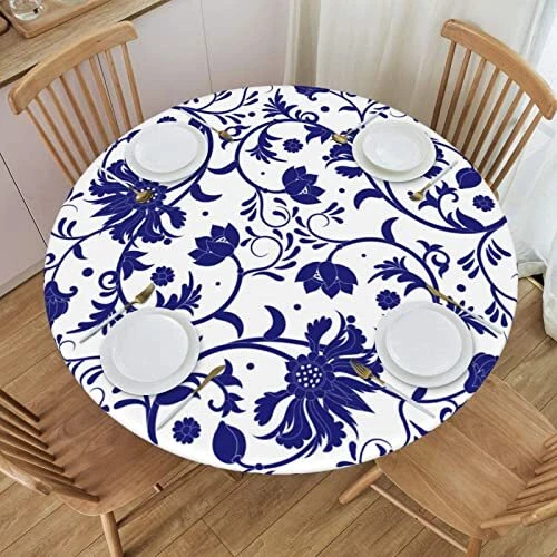 Blue and White Porcelain Print Tablecloth Elastic Fitted Edge Table Cloth Round