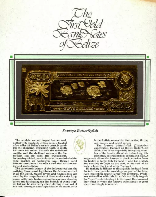 22kt Gold $50 Belize 1981 Banknote- BUTTERFLYFISH- RARE UNC-Stain corner display