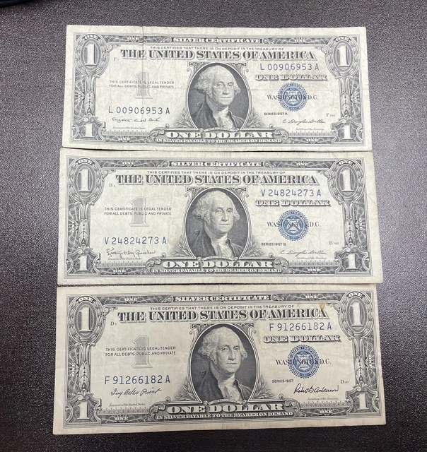 Lot of 3 1957 1957A 1957B $1 one dollar Blue seal Silver certificates