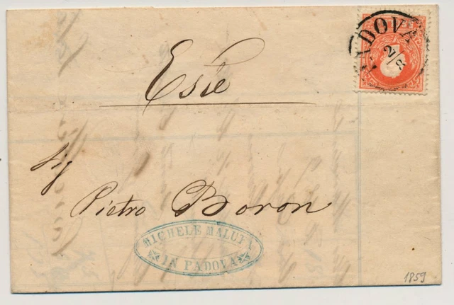 LOMBARDEI-VENETIEN 1858 5sld. zentriert, Brief, Rechnung! PADOVA, nach ESTE.