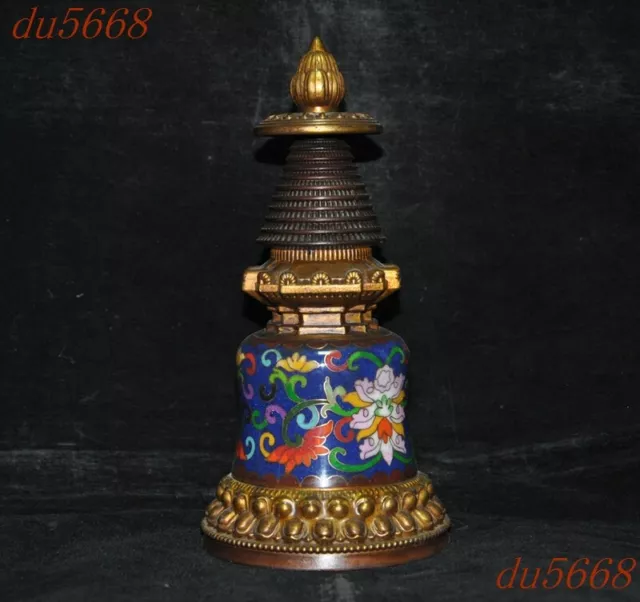 8.4"Old Tibetan Buddhism Bronze Cloisonne lotus Buddha Stupa Pagoda Tower Statue