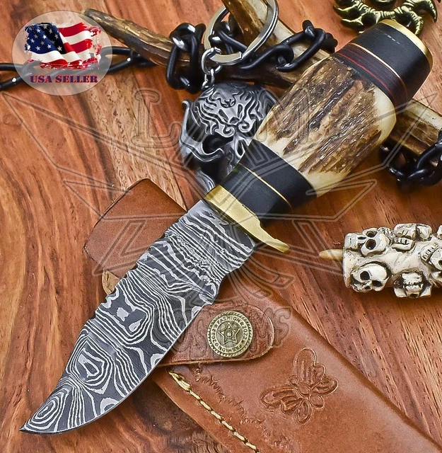 Hand Crafted Hunting Skinner Knife Damascus Stag Antler Brass Guard Hunter Rare