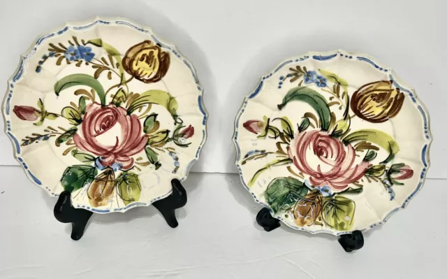 Italian Handmade & Painted Floral Ceramic Pottery Pink Rose Set of 2 Vintage 7”