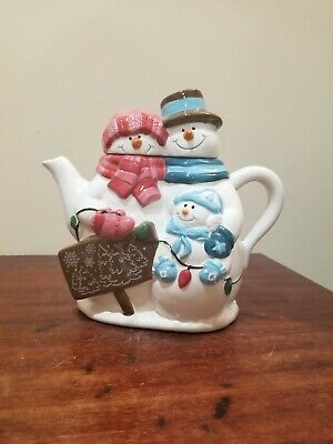 8.5" Mr and Mrs Snowman Family Ceramic Houston Harvest Seasonal Christmas Teapot