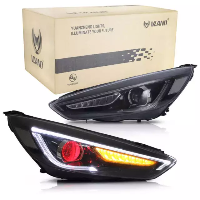 Vland Headlights For 2015-18 Ford Focus Projector Sequential LED LH&RH Devil Eye
