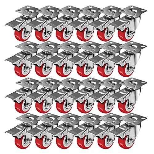 24 Pack 2" Caster Wheels Swivel Plate w/Brake On Red Polyurethane 2" With Brake