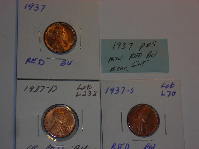 wheat penny 1937-P,1937-D,1937-S RED CH BU SET 1937,1937D,1937S UNC LINCOLN CENT