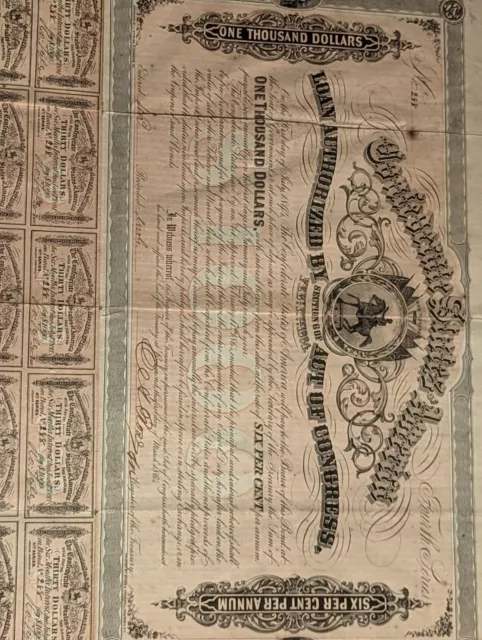 1864 Confederate Bond With Coupons Full Sheet Framed Antique 3