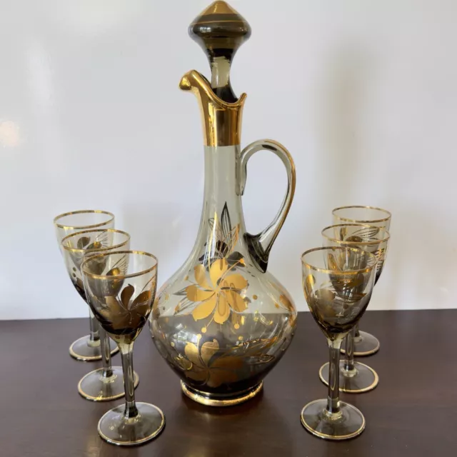 Vintage Decanter W. Matching Glasses Hand Blown Crystal 22k Warranted Romanian