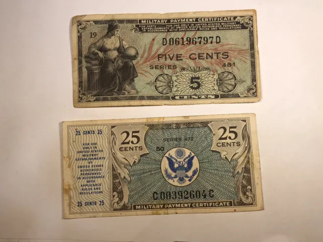2 pcs of Military Payment Certificates. Series 472 & 481 MPC 5 cents & 25 cents