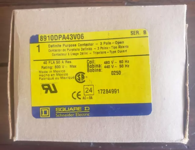 Square D 8910DPA43V06 3P 480VAC 50A Definite Purpose Contactor