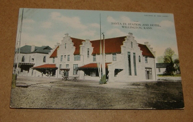 c1910 Santa Fe Railroad Station Depot & Hotel Wellington Kansas Postcard KS