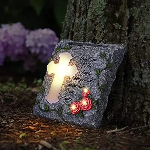 Memorial Cross Stepping Stone, Solar Powered Lighted Cemetery Grave