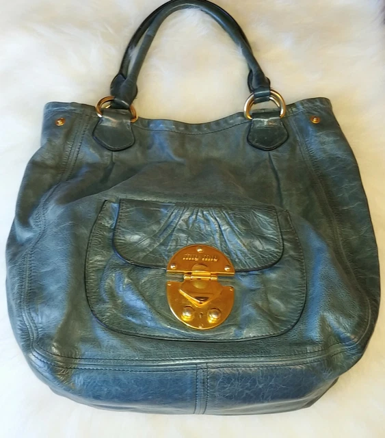 MIU MIU Teal Vitello Lux Distressed Leather Shoulder Hobo Bag - Made in Italy!