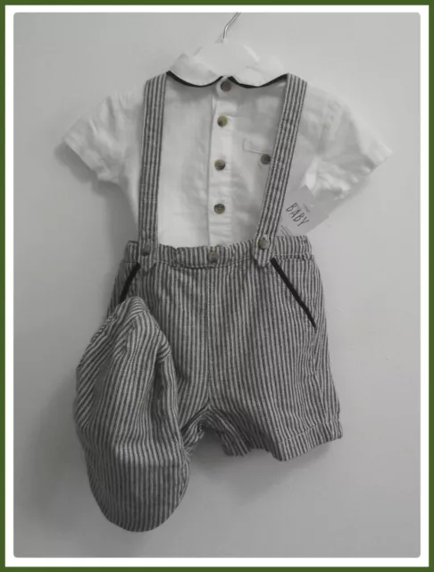 Baby Boys 0-3m Dungaree Bodysuit  & Hat Outfit 3 Piece Striped Romper Set BNWT