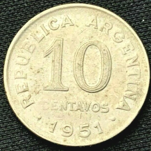1951 Argentina 10 Centavos Coin XF +     Copper nickel      #K659