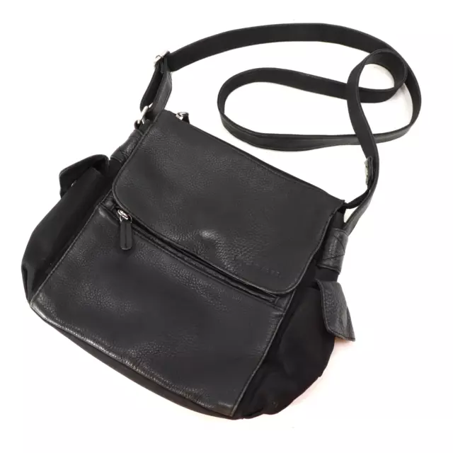 Fossil Crossbody Handbag Women Black Leather Nylon Pockets Purse Shoulder Bag