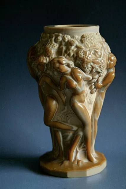 Art Deco Bohemian Malachite Glass Vase With Figures Of Nude Ladies