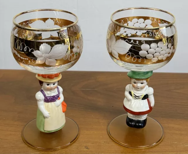 Vintage Set of 2 Goebel Hummel Figurine Cordial Wine Glasses 14K Gold Gilt