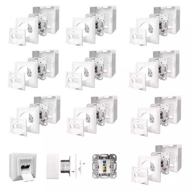 10x Netzwerkdose Cat.6A 2-Port RJ45 geschirmt weiß Kombidose Aufputz + Unterputz