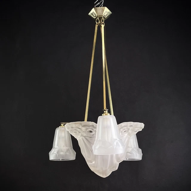 Lustre Art Nouveau Des Années 50 – Bronze, Doré, 2 Abat-jour En Forme De Gouttes, Lampe E27
