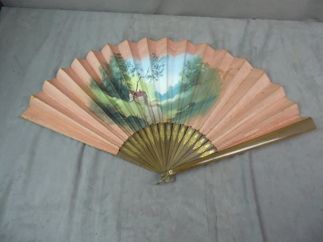 Large antique FAN, painted decor, wooden branches.