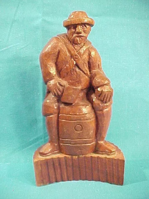 Old Country Biedermeier  Signed Wood Carving Of Man On Keg Of Brew With Beer Mug