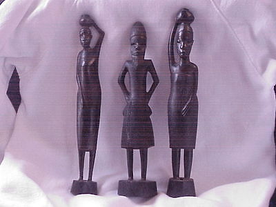 3 HandCarved Black African Tribal Ebony Wood Figure Man Woman Sculpture Tanzania