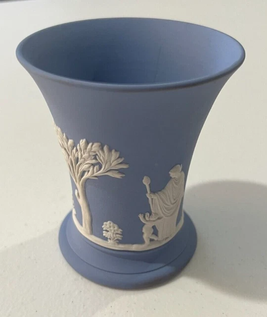 VINTAGE WEDGWOOD BLUE Jasperware Trumpet Vase Greek Goddess Cherubs
