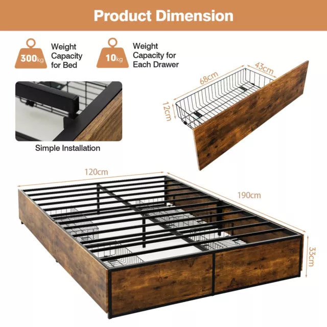 Small Double Iron Bed Frame 4 Underbed  Storage Drawers Platfrom Bed Slat Base 3