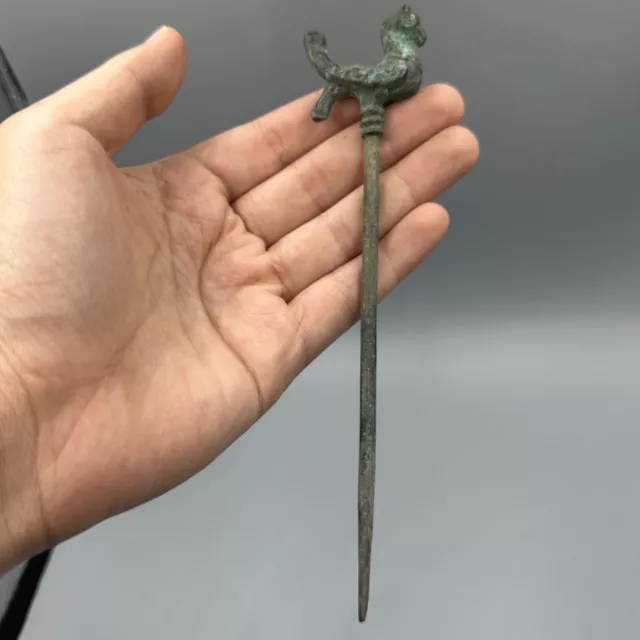 Very Old Ancient Roman Bronze Hair Pin With Bird Animal Figure