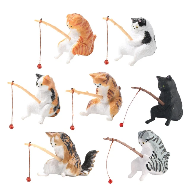 7PCS Cat Fishing Statue Figurine Mini Cute Aquarium Ornaments Home Decor